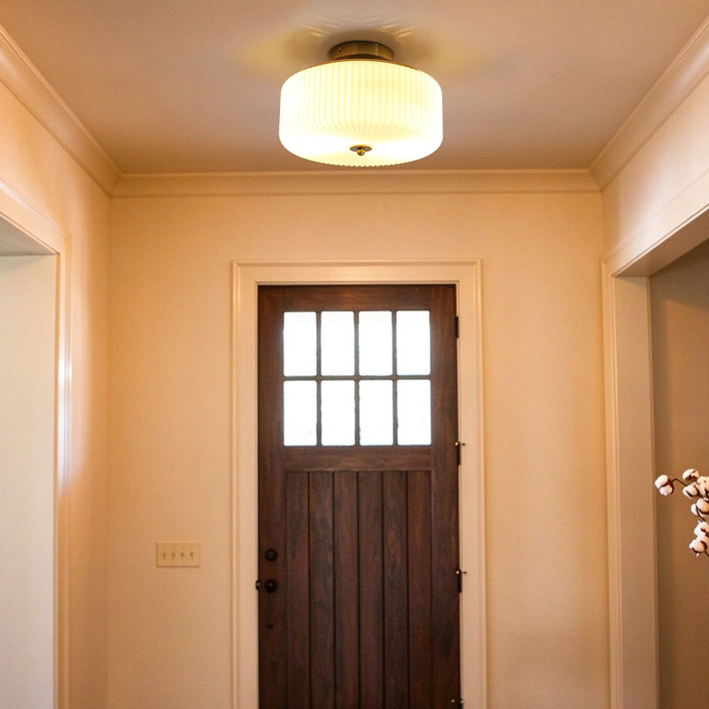 2 Light Drum Flush Mount Ceiling Light with Ribbed Opaline Glass Shade, Noir mat