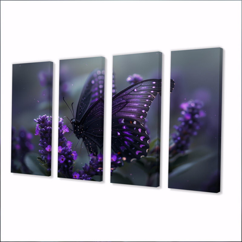 «Mauve et noir papillon, beauté sur fleur», ensemble d'art mural sur toile, H 32 po x l 64 po