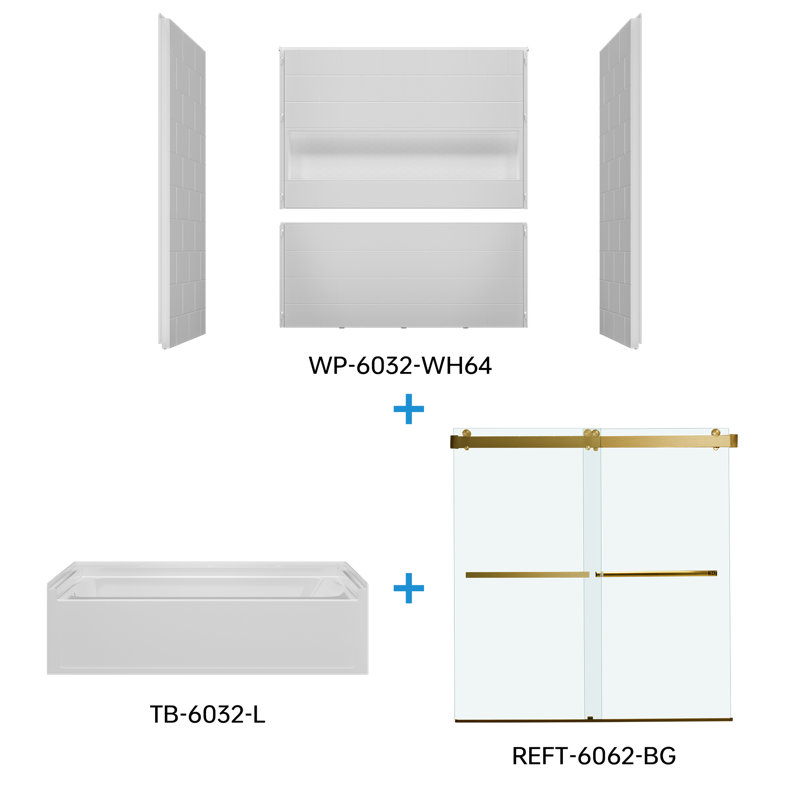 WOODBRIDGE 60" x 32" Alcove Soaking Bathtub & 4-Piece Direct-to-Stud Surround with Left Drain & 57.5–60" Frameless Double Sliding Tub Door with Soft-Close, Clear Tempered Glass, Brushed Gold