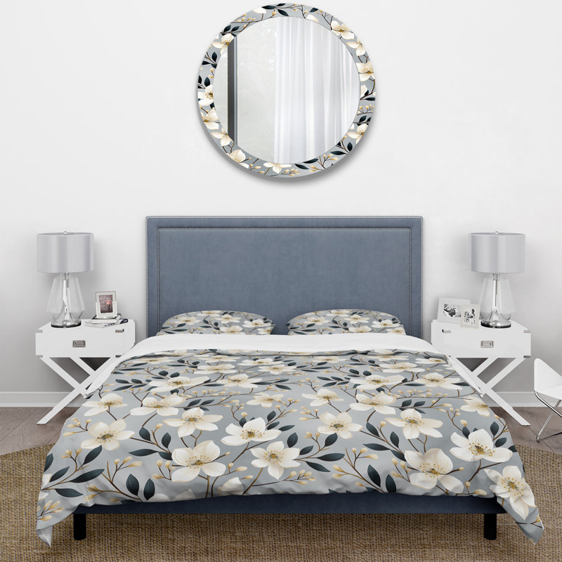Ensemble de housse de couette à motif floral minimaliste gris et beige, Housse de couette pour grand lit et 2 taies décor