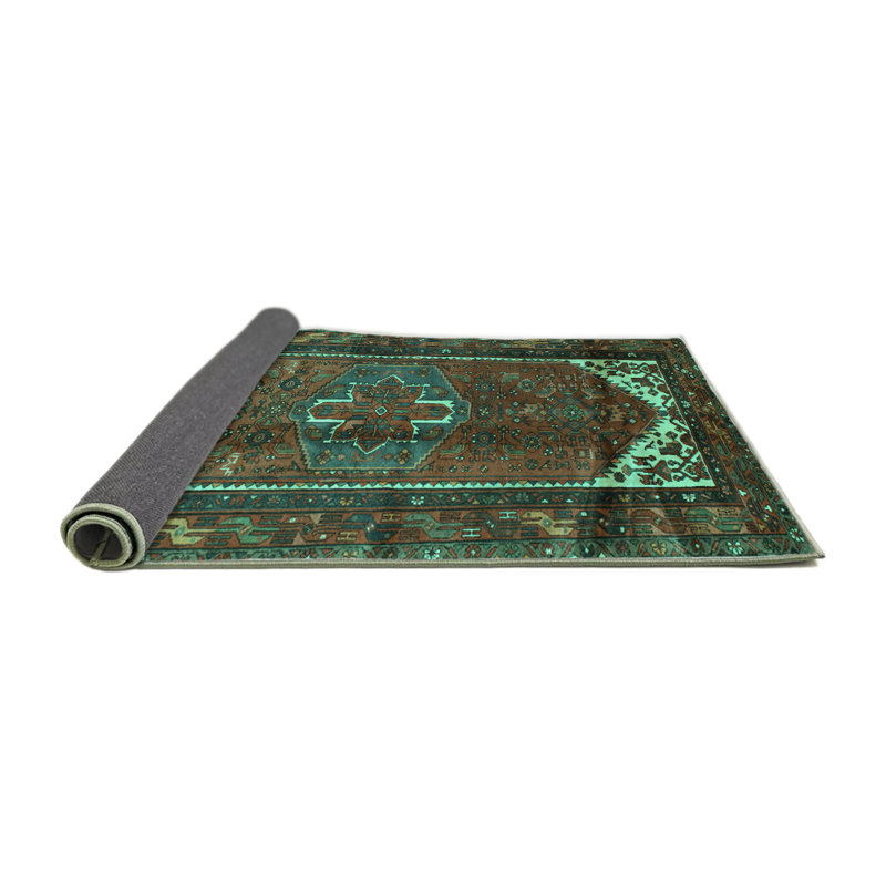 Tapis oriental fabriqué à la machine en vert / brun, Carré 5 pi