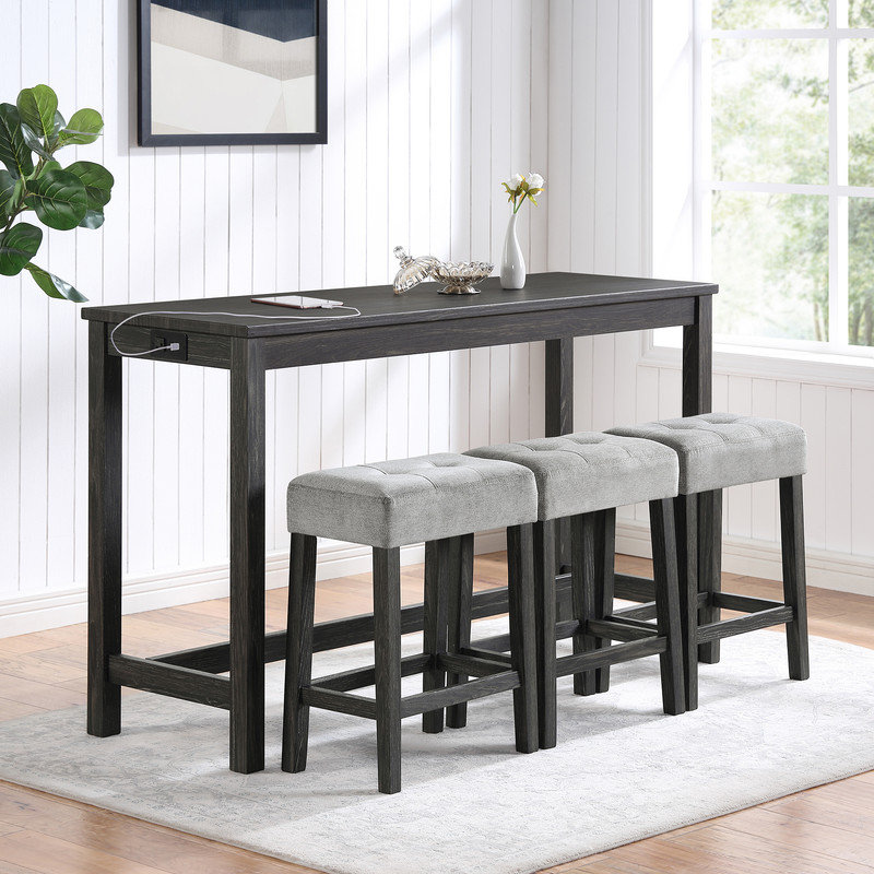 Ensemble de table de bar industriel avec prise de courant intégrée et 3 tabourets, Noir