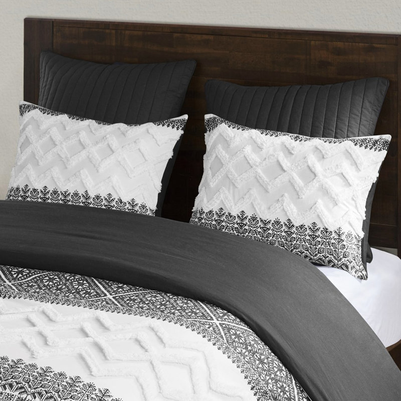 Cotton Comforter With Chenille Tufting - Gray Full/queen 2 Shams Botanical Pattern Modern 3 Piece Reversible To Print Elegant