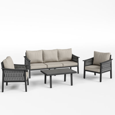 5-Person Outdoor Patio Furniture Set – Aluminum Frame, Handwoven All-Weather Rope, 5-Inch Cushions, Outdoor Conversation Set