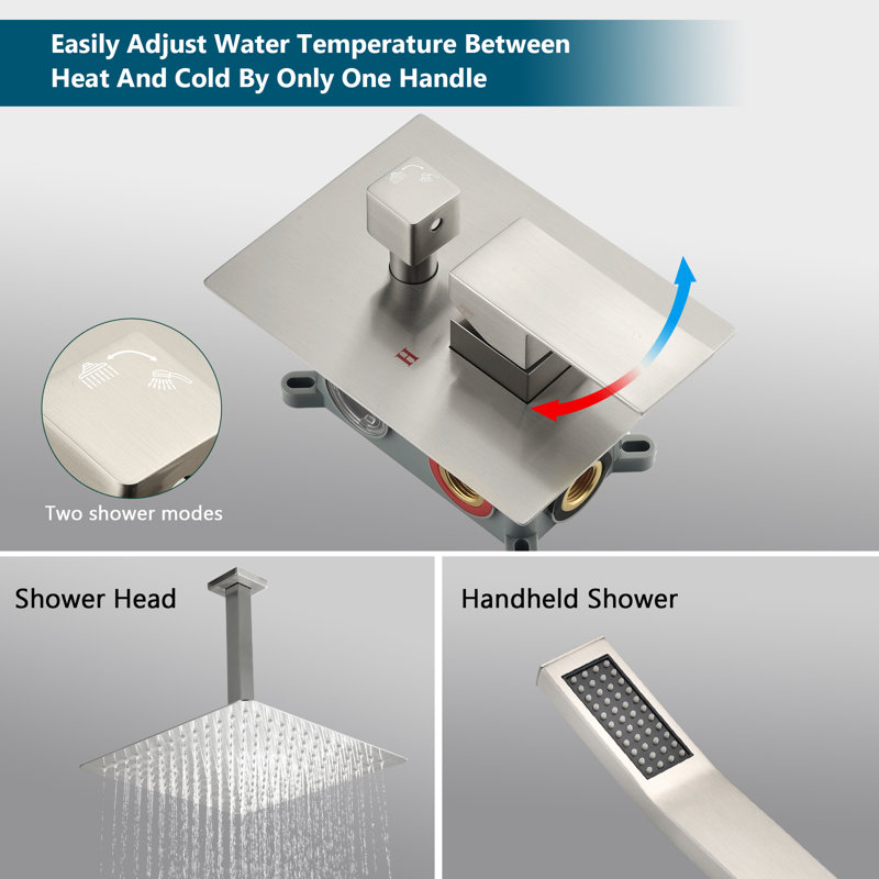 10" Bathroom Luxury Combo Set Ceiling Mounted Rainfall Shower Head And Handle System, Brushed Nickel