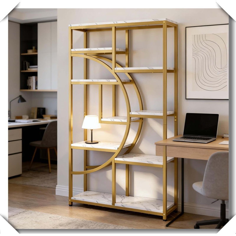 Spacious Etagere Freestanding Display Shelf Industrial Metal Wood Bookcase, Gold/White