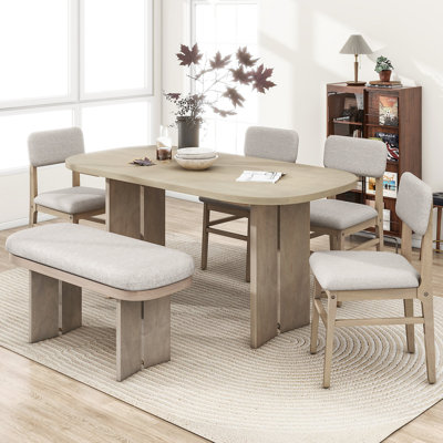 Ensemble de table de salle à manger en bois massif avec banc - Ensemble de table de salle à manger rembourré 6 pièces avec banc, mobilier de cuisine de ferme moderne bicolore