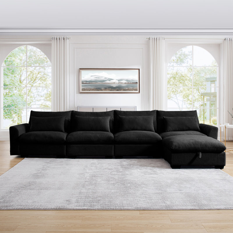 Large L Shape Sectional Corduroy Sofa,deep Seat Couch With Storage Footstool And 4 Waist Pillows, Black Corduroy
