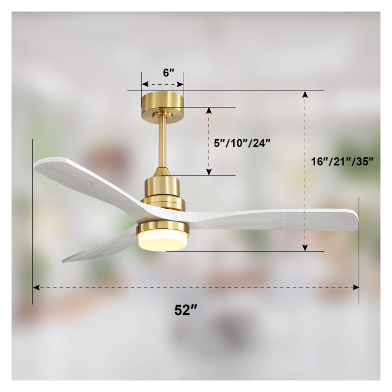 52 Inch Gold Ceiling Fan with Dimmable LED Light, 3 Solid Wood Blades - Remote Control Reversible DC Motor for Living Room, Bedroom