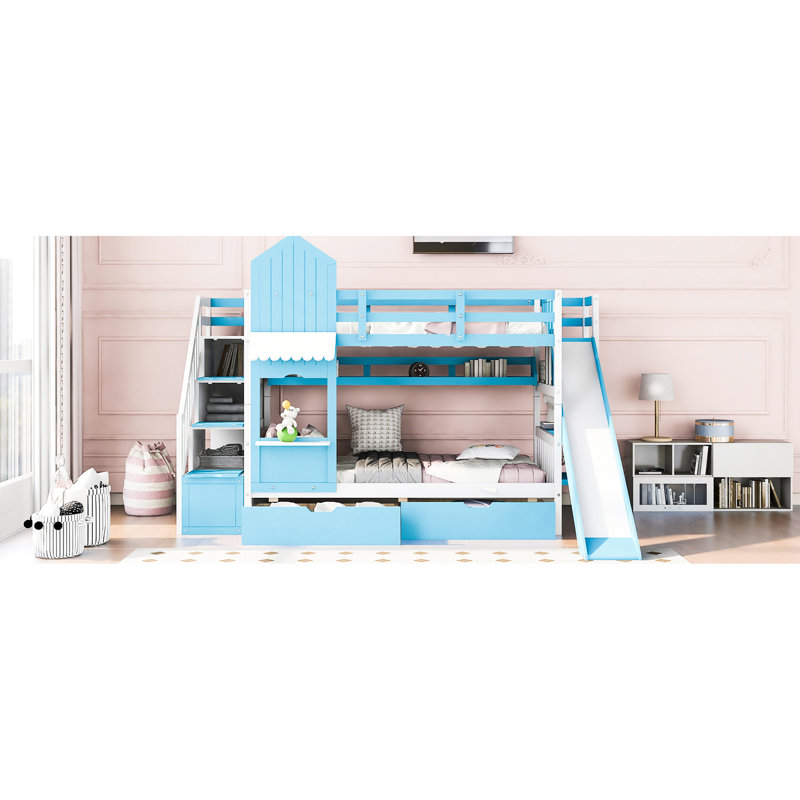 Twintwin Bunk Bed With 2 Drawers, 3 Shelves And Slide - Blue. Solid Wood Construction For Over 6 Years. No Box Spring Required. 106.3"L X 76.6"W 72.8"H. 250Lbs Weight Capacity Each Blue A Slide. 6.