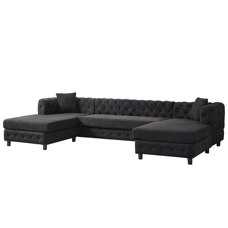 Canapé en chenille trois pièces de style moderne avec deux coussins et pieds en plastique, Chenille noir