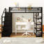 Lit mezzanine double en métal avec tablettes de rangement, armoires et garde-robe, noir