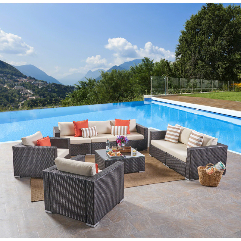 Cabral 7 - Person Patio Conversation Set with Cushions, Brown Frame / Beige Cushion