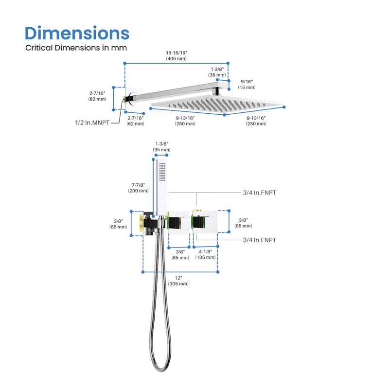 Système de douche thermostatique Cube 2 fonctions avec valve brute, Chrome