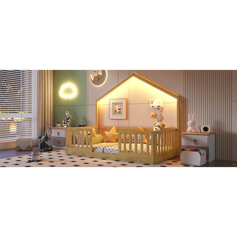 Lit simple au sol avec rails hauts, lit Montessori en bois avec lumière, Lit simple, Naturel