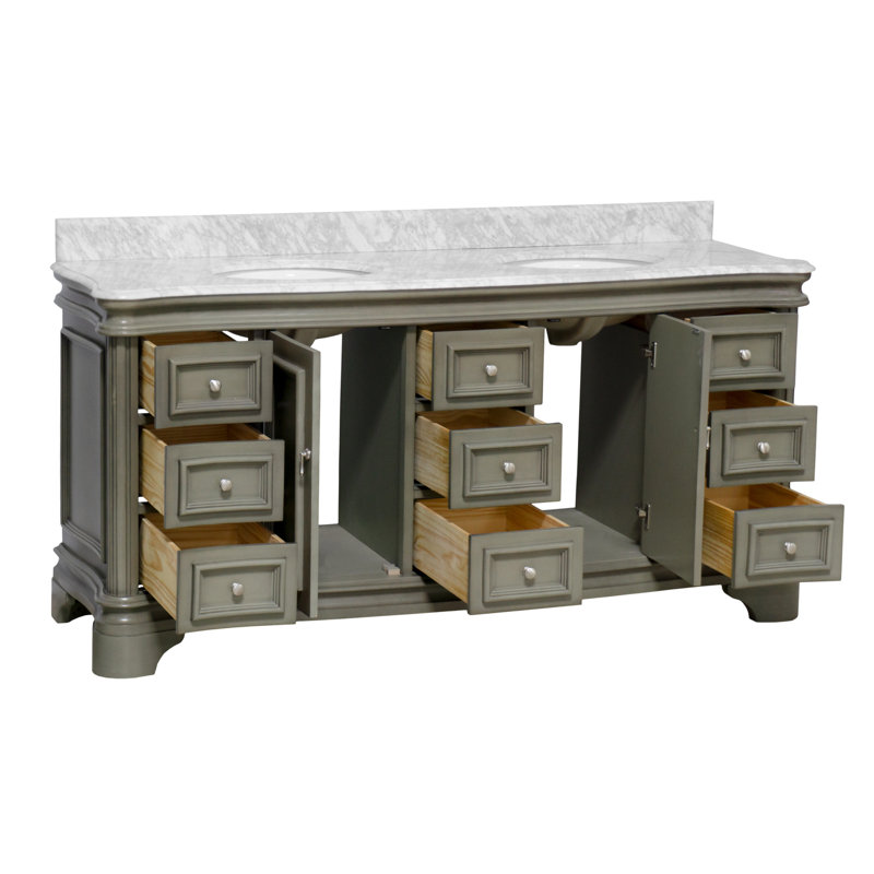 Ensemble de meuble-lavabo double 72 po Twain avec comptoir gris vieilli et comptoir en marbre de Carrare, Marbre de Carrare