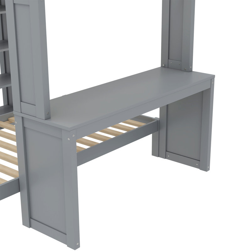 Queen Over Twin Bunk Bed With Dismountable Lower Bed And Desk, Solid Wood Bunk Beds Frame With Built-In Shelves And Wardrobe, Can Be Converted Into Loft Bed, Grey