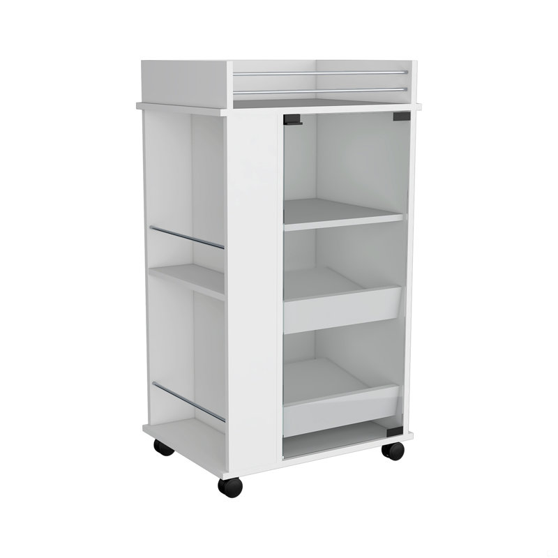 Bar Cart With Casters, Glass Door And 2-Side Shelf, White