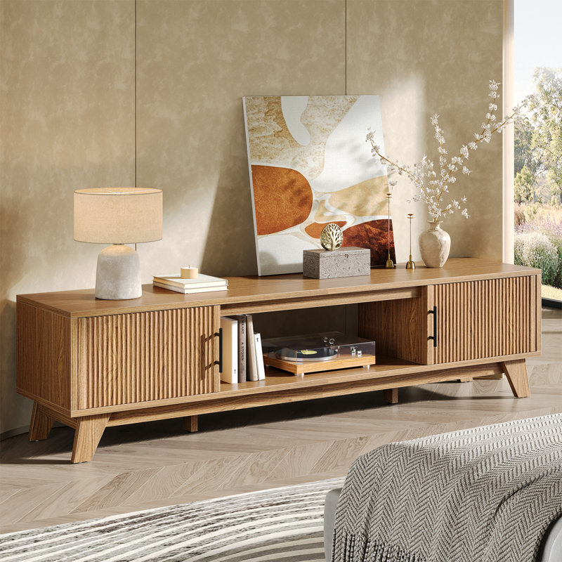 70" Mid Century Modern TV Stand for 75" TV, Modern Entertainment Center with Fluted Storage Cabinet & Open Shelf , Brown