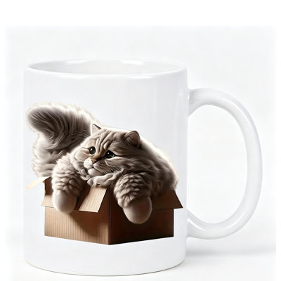 Adorable Cat in Box Ceramic Mug - White with Brown Accents, Perfect Gift for Cat Lovers, Hand Wash Only, Reusable.
