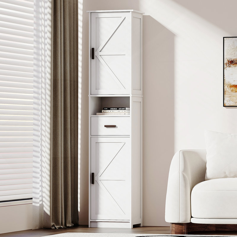 Armoire de rangement pour salle de bain avec 2 portes de grange et 1 tiroir, unité de rangement étroite, tablettes réglables