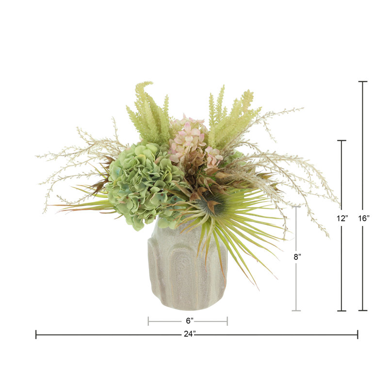 Hydrangea and Palm Leaf in a Ceramic Vase