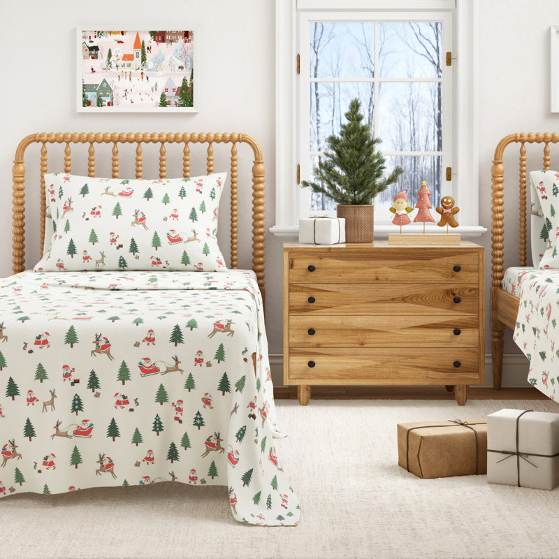 100% Turkish Cotton Flannel Christmas Sheet Sets, Santa, King with 2 Pillowcases