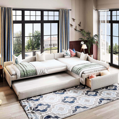 Beige Upholstered Daybed With Trundle, Drawer And Wood Slats, Providing Comfortable Sleeping Storage Daybed, Twin - Sized Beds, Drawer, Multifunctional, Bed, Frame