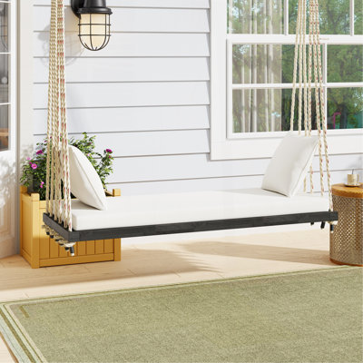 Patio Wooden Swing Chair, Hanging Porch Swing Bench With Cushion&Pillows, 10.8Ft Hemp Ropes For Garden,Backyard, Lawn,Brown
