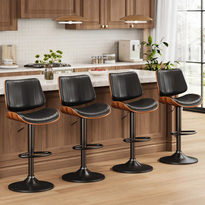 Set Of 4 Swivel Bar Stools With Adjustable Height, Bentwood Back, PU Leather Seat, And Footrest – Modern Counter Height Chairs For Kitchen Island, Dining Room, Or Home Bar, Comfortable & Easy To Clean