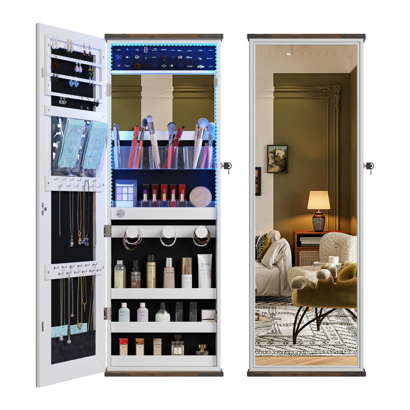 Armoire à bijoux murale à miroir avec lumières à DEL, rangement pour maquillage et organisateur, Blanc