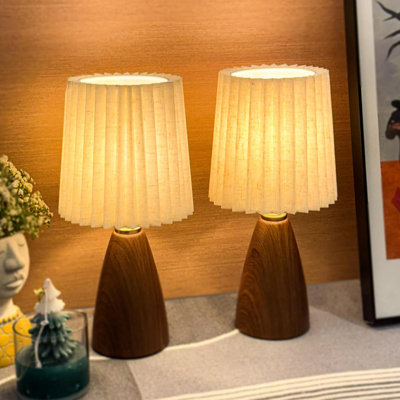 Ensemble de 2 petites lampes de table plissées avec fonction à intensité variable, abat-jour rond en lin, base en grain de bois céramique pour table de chevet, salon, chambre d'enfant, bureau, style Art déco