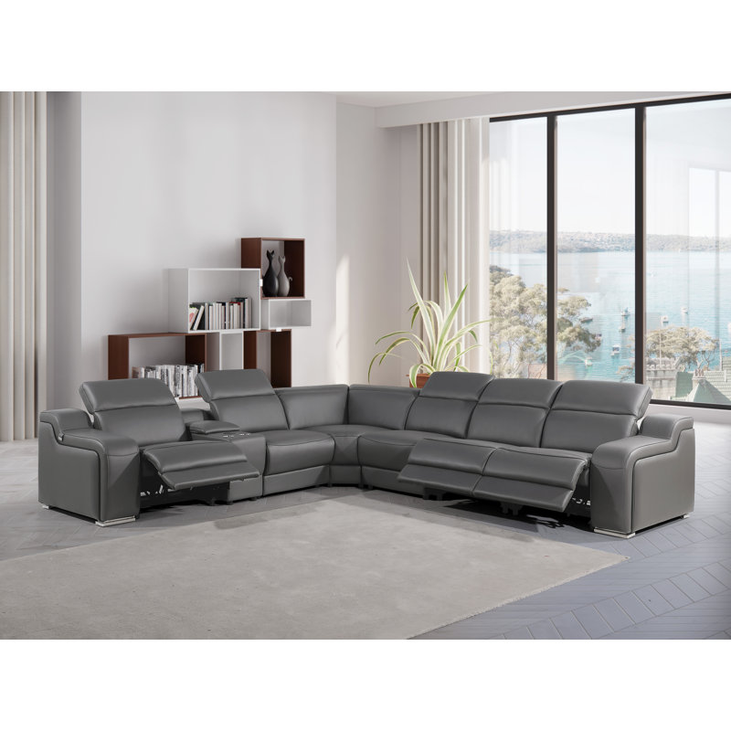 Tahari 7 - Piece Top Grain Italian Leather Power Reclining Sectional, Dark Gray Genuine Leather