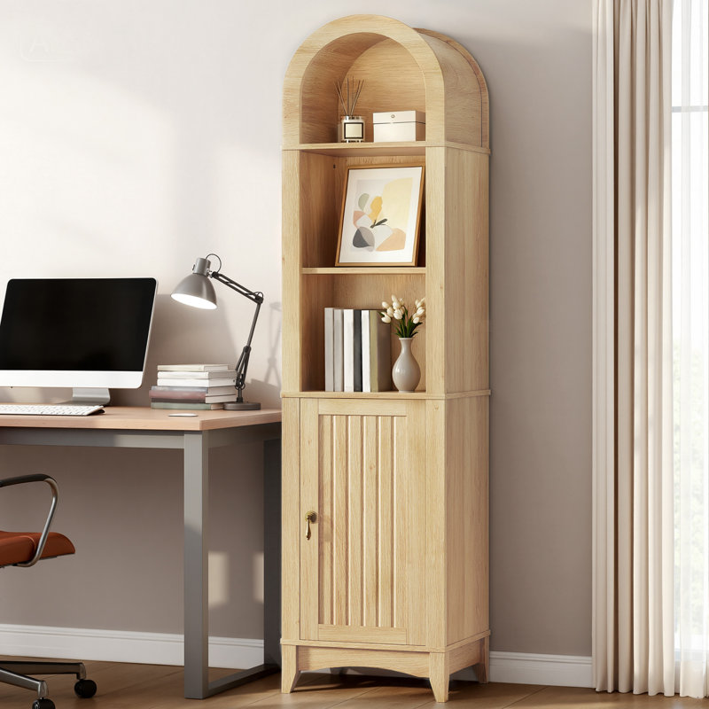 69.5" Tall Arched Bathroom Storage Cabinet with Fluted Doors and 5 Shelves, Natural