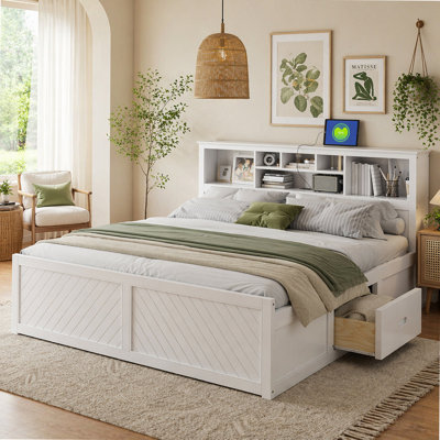 Wood Platform Bed with Storage Headboard No Box Spring Required