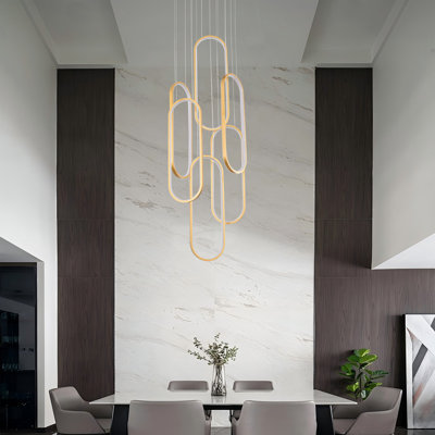 6 Rings Modern Led Chandeliers For Foyer Entryway High Ceiling,dimmable Long Staircase Chandeliers, Flush Mount 2700k-6000k