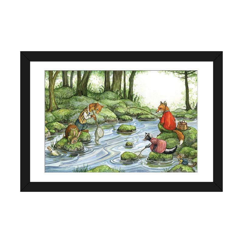 Fishing With Hector Fox And Friends, 24" H x 32" W x 1" D, White, Black Open Corner Framed Paper