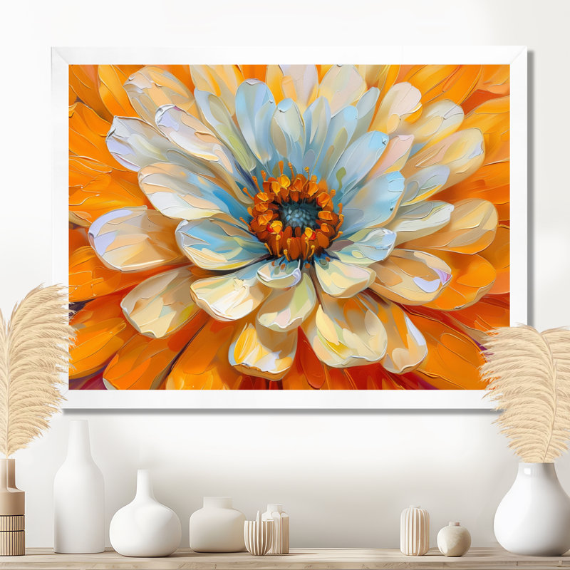 Blanc, pissenlit, orange, rayonnant, fleur, pissenlit, art mural, salon, Cadre flottant noir, H 30 po x l 40 po