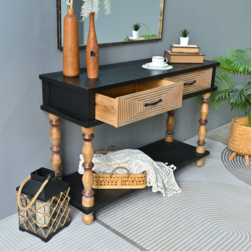Console facile à assembler en bois massif sculpté rustique 47,64 po avec pieds pivotants, console rectangulaire de salon avec tablette ouverte et 2 tiroirs