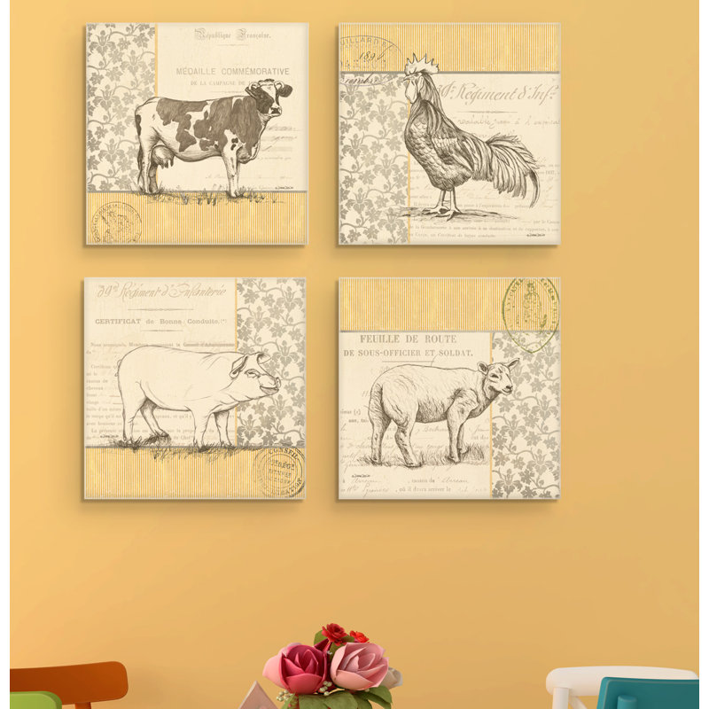 « rétro à l’animal de la ferme », ensemble de 4 reproductions d’impressions sur toiles tendues, H 12 po x l 12 po x P 4 po