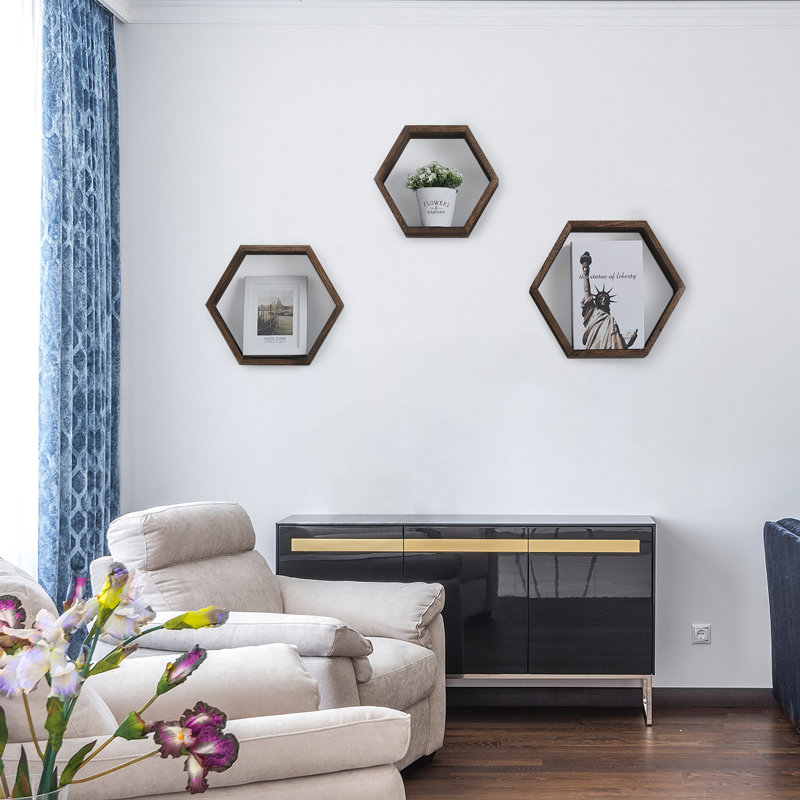 Emeria 3 Piece Hexagon Floating Shelf, Brown