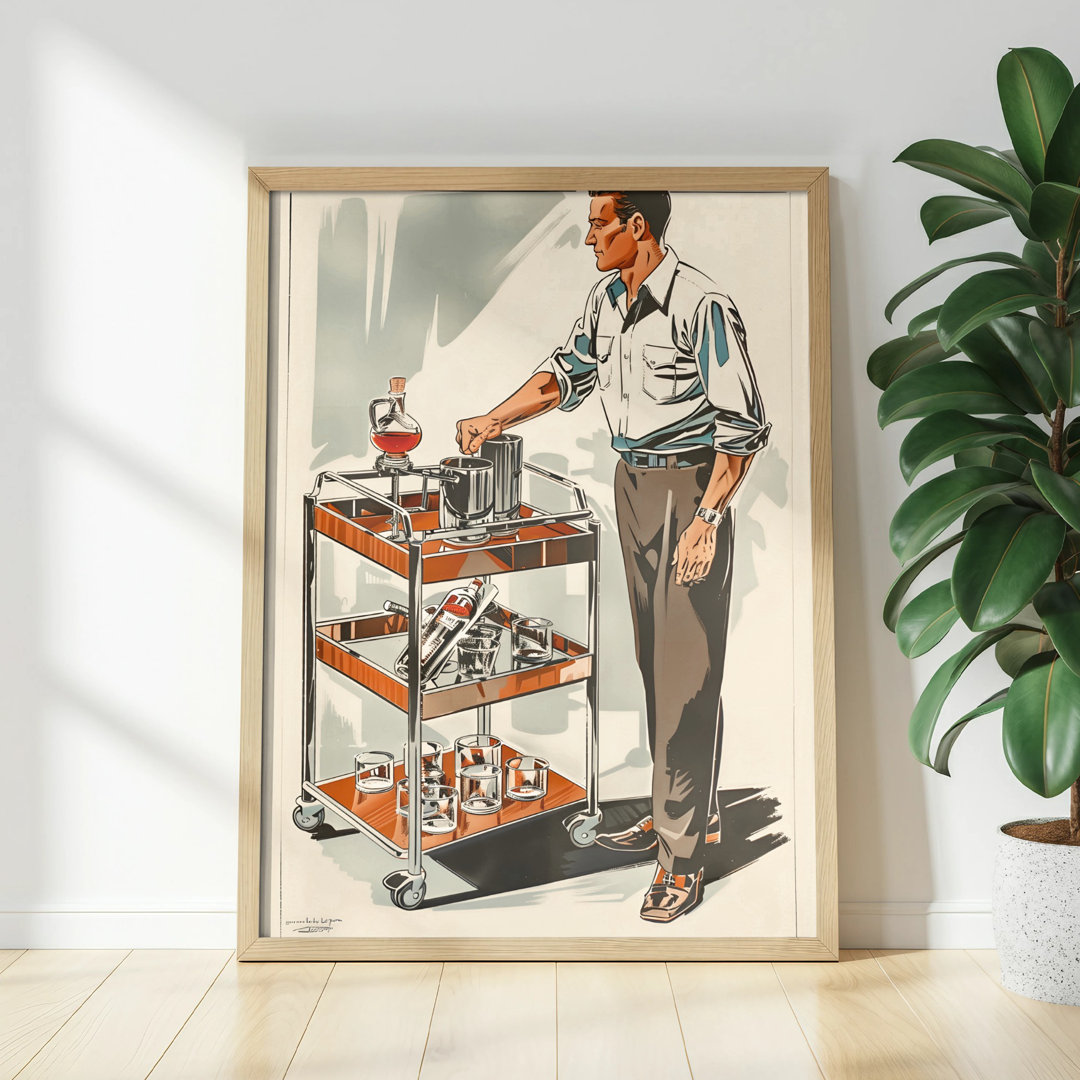 Man with Bar Cart Wall Art, Vintage Illustration Poster, Retro Decor, Unframed Matte Vertical Print, Home Bar Art, Drink Service Decor