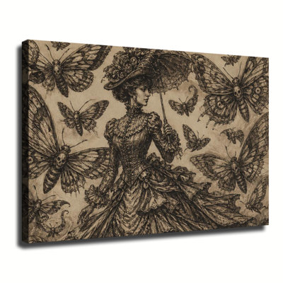 Dame victorienne à l'ombrelle et aux papillons de nuit en forme de crâne, croquis ancien sur toile, décoration gothique sombre pour salon