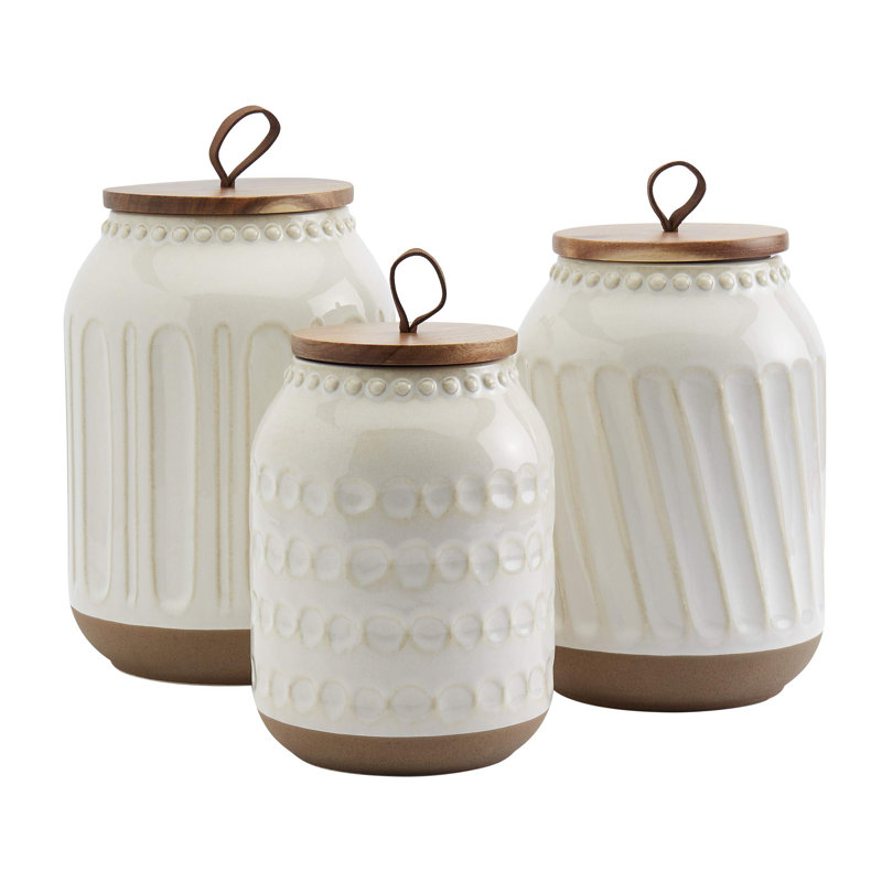 Ensemble de pots en céramique - Ensemble de 3 contenants blancs embossés en bois blanc
