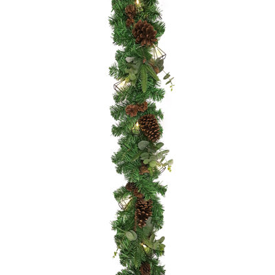 72" Artificial Mixed Pine Cone Eucalyptus Christmas Garland with Geometric Pyramid String Light Set
