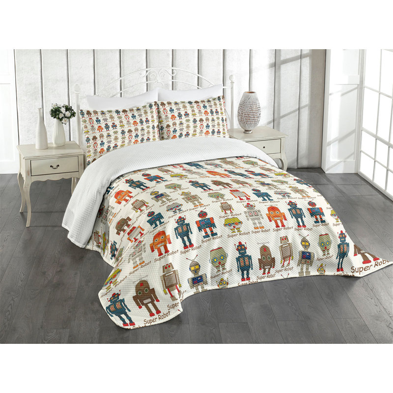 White Quilted Kids Unisex Robot Queen Bedspread Set