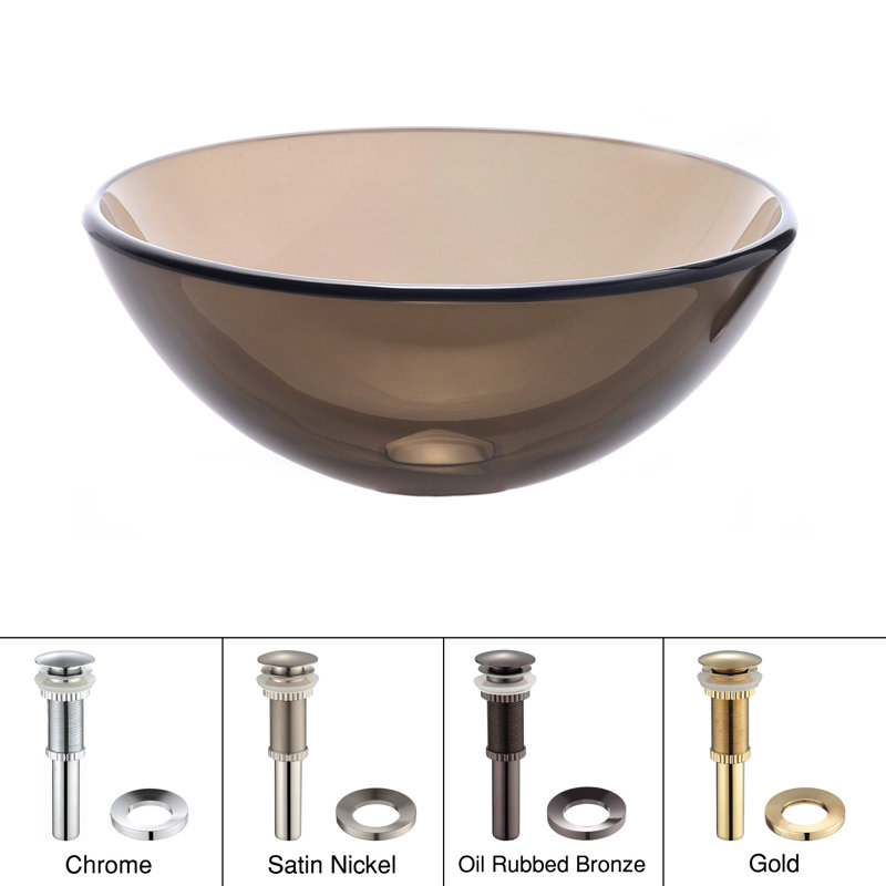 Kraus 14 Inch Clear Glass Vessel Sink in Brown with Pop-Up Drain, Clear Brown, Satin Nickel