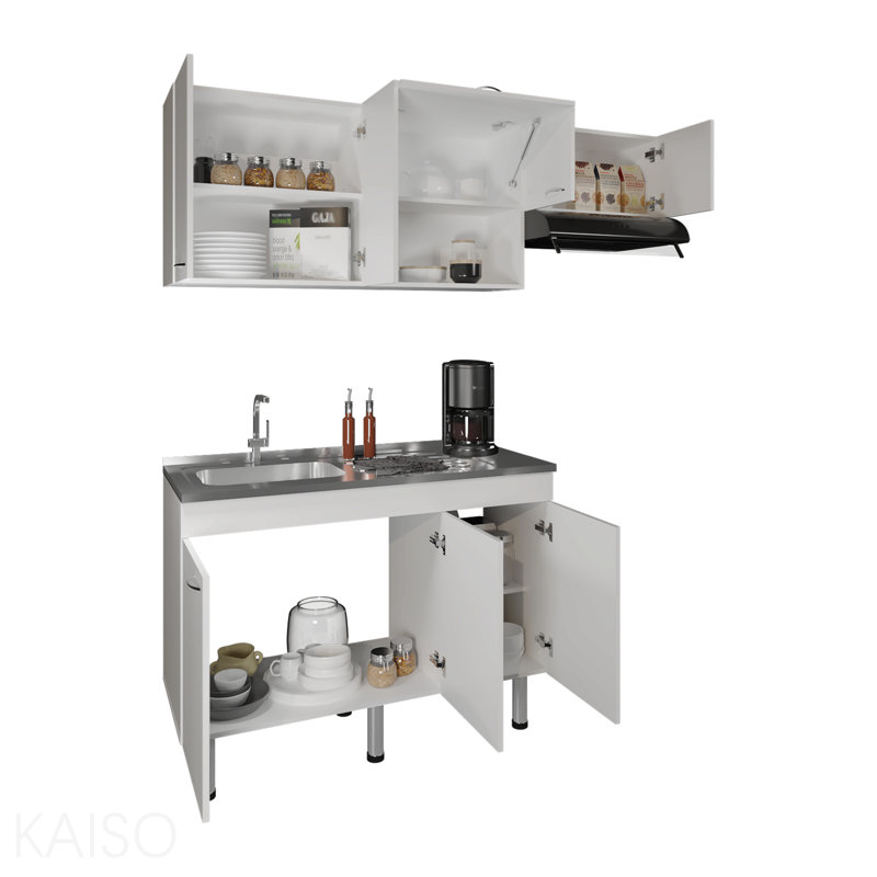 Ensemble d'armoires de cuisine 2 pièces avec évier en acier inoxydable, huitièmes tablettes, armoire de base à trois portes, armoire murale à cinq portes, cuisine, armoire de rangement, garage, blanc