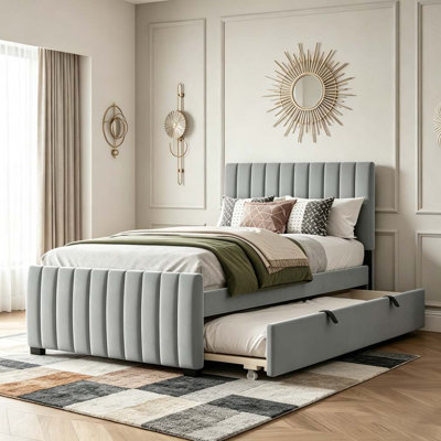 Velvet Upholstered Platform Bed with Twin Size Trundle