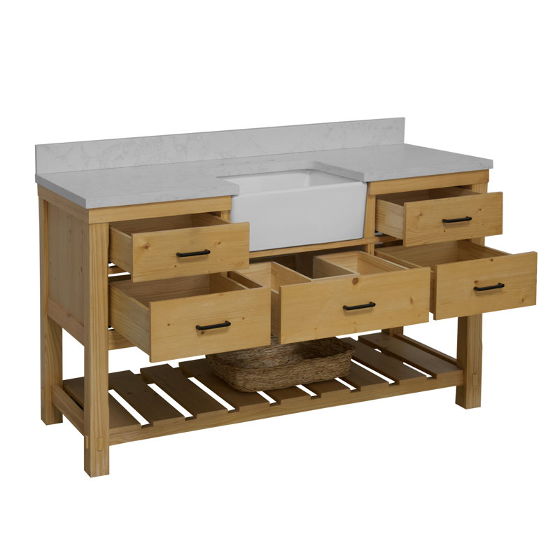 Ensemble de meuble-lavabo simple 60 po Hitton, Carrare d'ingénierie, Bois flottant